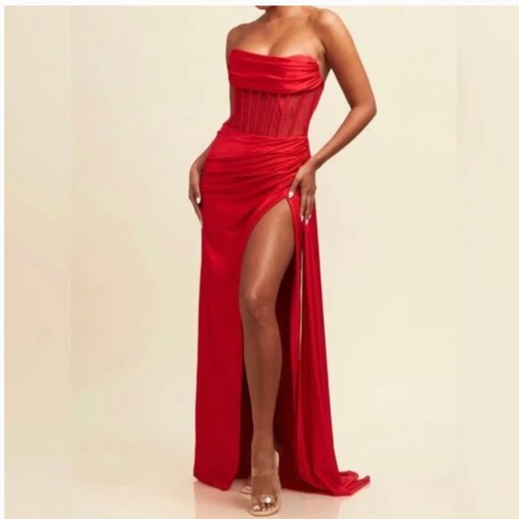 Luxxel Corset Maxi Gown Red Large Draped High Slit Strapless Prom Plazacore